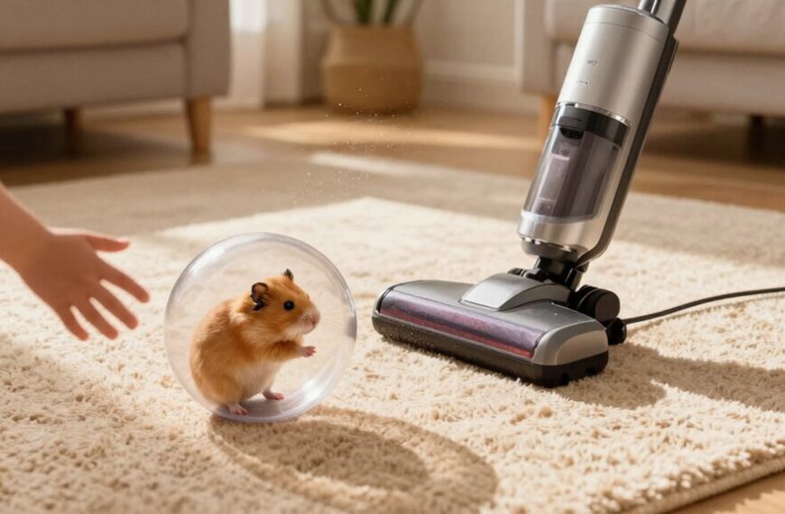 vacuuming with hamster present