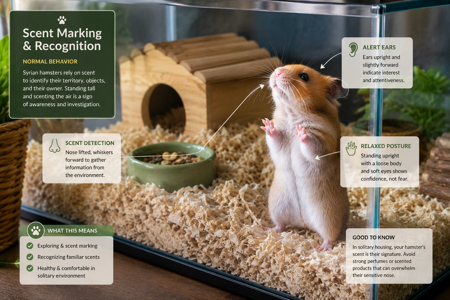 () editorial photograph showing hamster behavior observation scene with Syrian hamster standing on hind legs at edge of